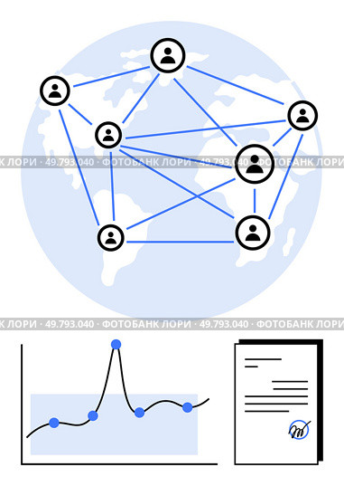 Nodes connected across a world map a fluctuating graph and a signed document. Ideal for networking, globalization, analytics, communication, connectivity, digitalization, global reach. Line. Global Connectivity Visualizing Network Dynamics and Data Analytics in a Digital World. Стоковая иллюстрация, агентство Ingram Publishing / Фотобанк Лори
