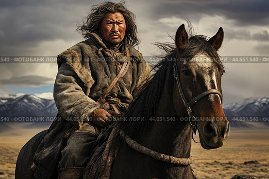 Nomadic horseman in the steppe. Стоковое AI-изображение, AI-художник Иван Рябоконь / Фотобанк Лори