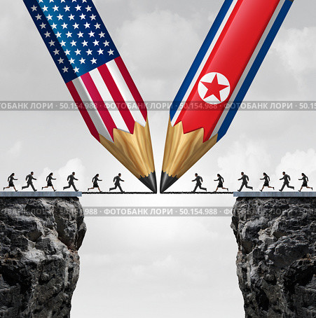 North Korea US summit meeting as diplomatic relations between North Korean and American leadership nuclear negotiations with 3D illustration elements. Стоковое фото, агентство Ingram Publishing / Фотобанк Лори