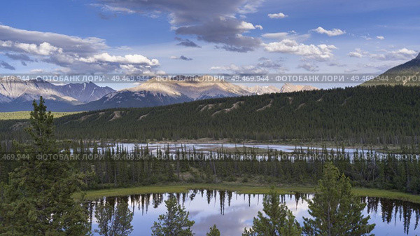 North Saskatchewan River with mountains in the background, David Thompson Highway, Clearwater County, Alberta, Canada. Стоковое фото, агентство Ingram Publishing / Фотобанк Лори
