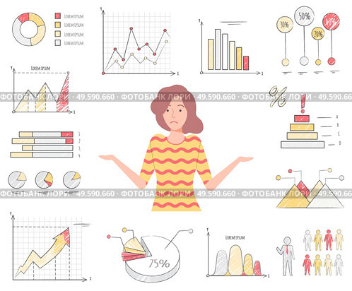 Novice in data analysis vector, female character with charts and diagrams flat style. Woman with confused face, stats and information puzzled personage. Confused Woman Among Charts and Diagrams Vector. Стоковая иллюстрация, агентство Ingram Publishing / Фотобанк Лори
