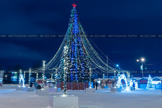Новогодняя ёлка на площади Кирова в городе Петрозаводске зимней морозной ночью. Редакционное фото, фотограф Sergei Gorin / Фотобанк Лори