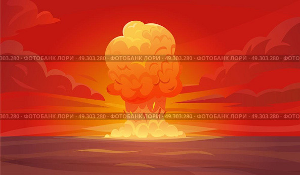 Nuclear Explosion Composition. Colored red nuclear explosion composition or poster with column of smoke rising vertically into the sky vector illustration. Стоковая иллюстрация, агентство Ingram Publishing / Фотобанк Лори
