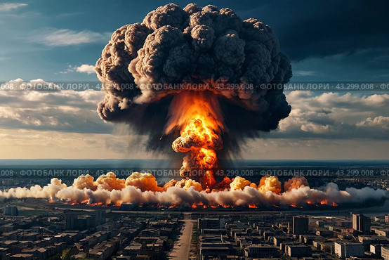 Nuclear explosion of an atomic bomb with fire mushroom cloud at in town's skyline, an apocalyptic war. Nuclear explosion in Earth. Global apocalyptic concept. Gen ai illustration. Copy ad text space. Стоковое AI-изображение, AI-художник Aleksandr Golubev / Фотобанк Лори