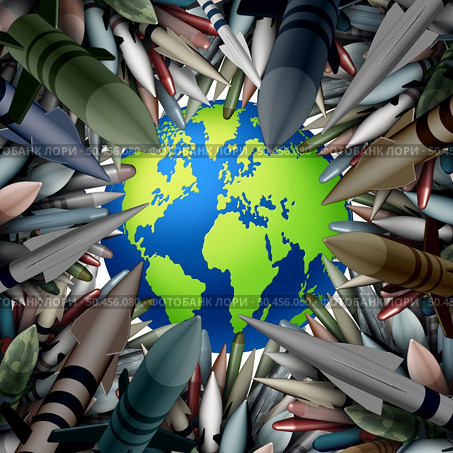 Nuclear War threat and fear of  armed conflict or armageddon and menacing bomb threats to the world or global danger of weapons with warheads of mass destruction as a group of destructive bombs surrounding the planet as a 3D illustration. Стоковое фото, агентство Ingram Publishing / Фотобанк Лори