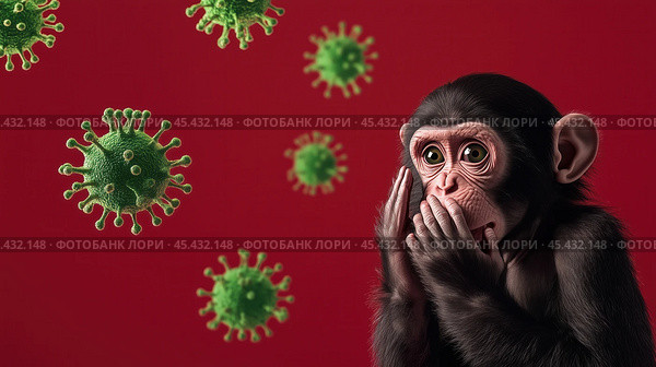 Обезьяна MPOX в шоке с клетками вируса оспы обезьян. Новая пандемическая угроза, зоонозное заболевание, примат, вирусный патоген. Красный фон. Стоковое AI-изображение, AI-художник ФотоИнтеллект / Фотобанк Лори