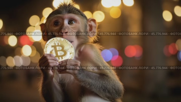 Обезьяна с монетой биткойна. Стоковое AI-видео, аниматор Виктория Кольцова / Фотобанк Лори