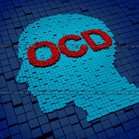 Obsessive compulsive disorder or OCD medical concept as a human head and letters made of organized  three dimensional cubes as a symbol of the anxiety symptoms of obsessions and compulsive behavior caused by psychological issues of nervouse repetitive rituals. Стоковое фото, агентство Ingram Publishing / Фотобанк Лори
