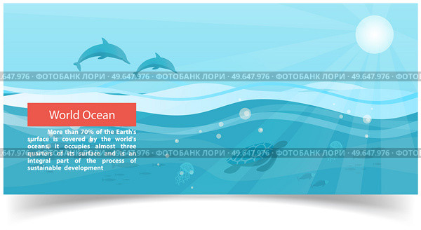 Ocean banner with dolphins, fish, jellyfish and turtle. Underwater life of sea creatures. World ocean with waves under sunshine. Marine environment with sea dwellers. Wild nature of mediterranean sea. Ocean banner with dolphins, fish, jellyfish and turtle. Underwater marine life of sea creatures. Стоковая иллюстрация, агентство Ingram Publishing / Фотобанк Лори