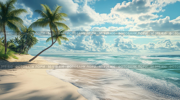 ocean beach and palm trees ai generated. Стоковое AI-изображение, AI-художник Vectorwin / Фотобанк Лори