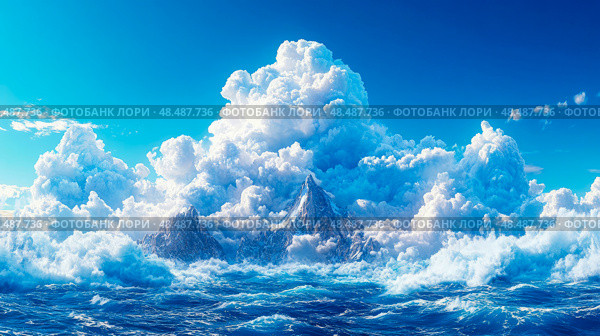 Ocean Cloudscape: Mountains emerge through a sea of blue, beneath giant white clouds, a serene and majestic vista. Стоковое AI-изображение, AI-художник Данила Большаков / Фотобанк Лори