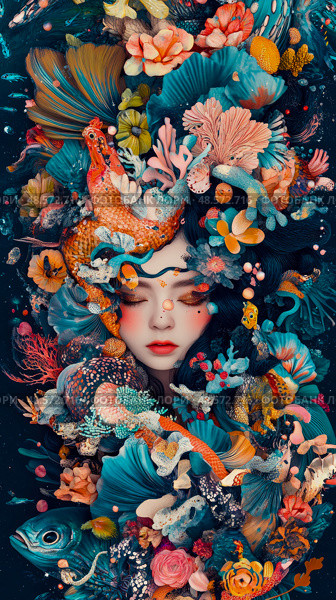 Oceanic Reverie: A Woman Adorned with Marine Flora and Fauna, a Surreal Underwater Dreamscape. Стоковое AI-изображение, AI-художник Данила Большаков / Фотобанк Лори