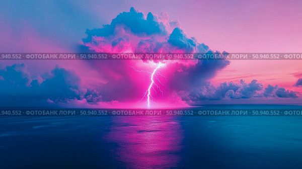 Oceanic Tempest: A Sky Ablaze with Lightning over the Sea at Night. Стоковое AI-изображение, AI-художник Данила Большаков / Фотобанк Лори