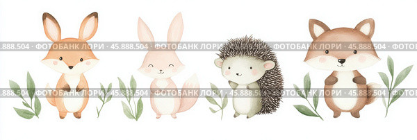 Очаровательная винтажная иллюстрация друзей-животных с изображением кролика, лисы и ежа для весеннего декора или поздравительных открыток. Стоковое AI-изображение, AI-художник ФотоИнтеллект / Фотобанк Лори