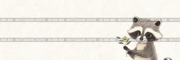 Очаровательный винтажный енот, держащий цветок, для открыток и принтов. Стоковое AI-изображение, AI-художник ФотоИнтеллект / Фотобанк Лори
