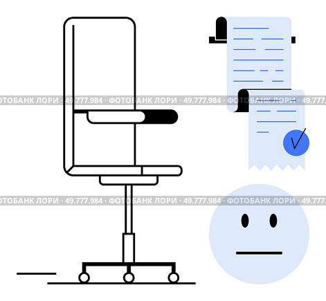 Office chair on wheels and a document with a checklist and checkmark. A neutral human face is also visible. Ideal for office setups, productivity apps, workplace guidelines, minimalist designs. Modern Office Chair with Document and Neutral Face Illustration in Minimalistic Style. Стоковая иллюстрация, агентство Ingram Publishing / Фотобанк Лори