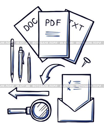 Office documents and envelopes monochrome sketches outline set vector. Pdf and doc, text files and magnifying glass, pen and pencil letters with paper. Office Documents and Envelopes Sketches Set Vector. Стоковая иллюстрация, агентство Ingram Publishing / Фотобанк Лори