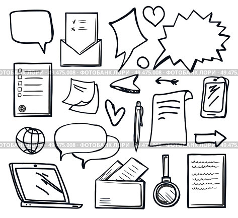 Office messages and thought bubbles isolated icons set vector. Monochrome sketches outline, magnifying glass, heart and laptop screen, globe arrow. Office Messages and Thought Bubbles Set Vector. Стоковая иллюстрация, агентство Ingram Publishing / Фотобанк Лори