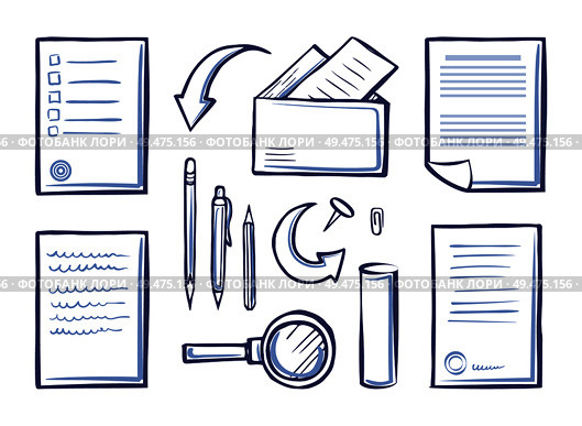 Office papers and magnifying glass, set vector. Monochrome sketches outline icons, pen and pencil with envelopes and messages. Letters with pages. Office Papers and Magnifying Glass Set Vector. Стоковая иллюстрация, агентство Ingram Publishing / Фотобанк Лори