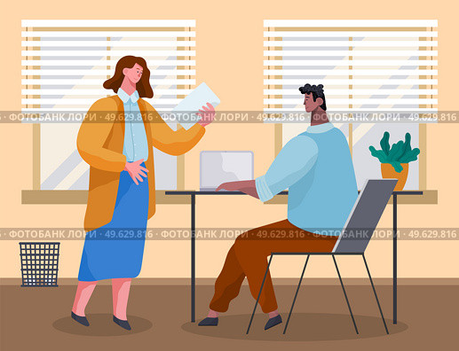 Office workers discussing document. Business people dressed in casual clothes in office interior with laptops talking. Business meeting and consideration of working issues. Friendly team work. Office workers, business people discussing document. Meeting and consideration of working issues. Стоковая иллюстрация, агентство Ingram Publishing / Фотобанк Лори