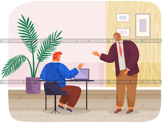 Office workers male characters meeting, discussing matters at table with laptop considering plan. Business people dressed in formal clothes are talking, communicating. Employee is consulting with chef. Office workers male characters meeting, discussing matters at table, considering business plan. Стоковая иллюстрация, агентство Ingram Publishing / Фотобанк Лори
