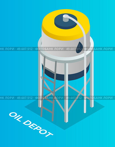 Oil petroleum industry. Oil depot with ladder, isolated symbol at blue. Storage, tank, cistern, vat, tub with oil. Resorvoir, with crude oil. Industrial construction with oil liquid. Flat vector icon. Oil depot isolated icon, oil storage reservoir with ladder, oil petroleum industry, oil production. Стоковая иллюстрация, агентство Ingram Publishing / Фотобанк Лори
