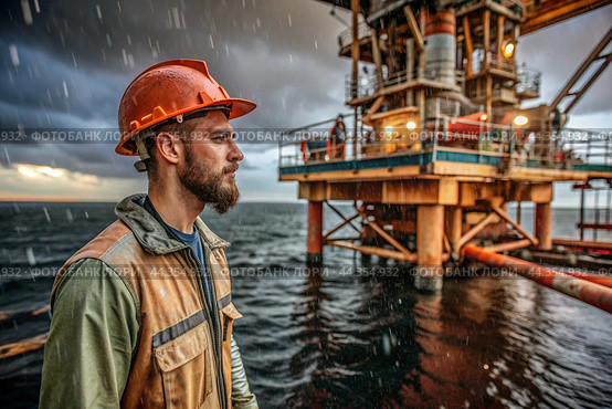 Oil production. An oil well and a man in work clothes and a construction helmet. Oil platform and industrial equipment. Difficult working conditions. Стоковое AI-изображение, AI-художник Photojuli / Фотобанк Лори