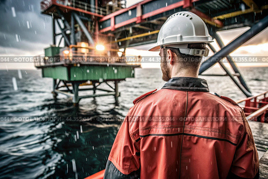 Oil production. An oil well and a man in work clothes and a construction helmet. Oil platform and industrial equipment. Difficult working conditions. Стоковое AI-изображение, AI-художник Photojuli / Фотобанк Лори