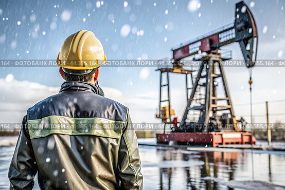 Oil production. An oil well and a man in work clothes and a construction helmet. Oil platform and industrial equipment. Difficult working conditions. Стоковое AI-изображение, AI-художник Photojuli / Фотобанк Лори