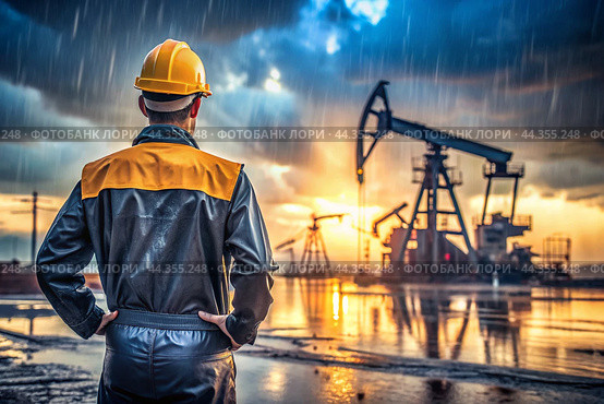 Oil production. An oil well and a man in work clothes and a construction helmet. Oil platform and industrial equipment. Difficult working conditions. Стоковое AI-изображение, AI-художник Photojuli / Фотобанк Лори