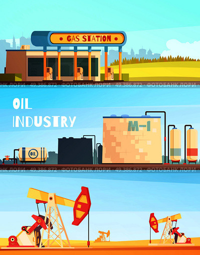 Oil production horizontal banners collection with sunny landscape images of pumping units refinery plant and fuel station vector illustration. Petrol Industry Horizontal Banners. Стоковая иллюстрация, агентство Ingram Publishing / Фотобанк Лори
