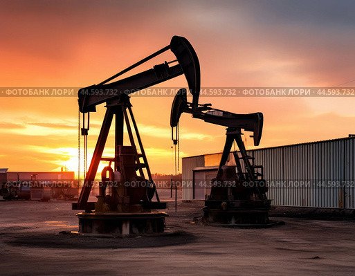 Oil pumping unit against sunset. Pumping unit is a type of surface drives of downhole sucker rod pumps in oil well operation. Стоковое AI-изображение, AI-художник Сергей Елизарьев / Фотобанк Лори