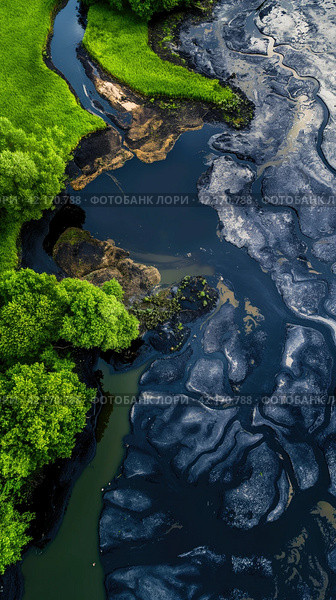 Oil spill on the surface of the reservoir. Стоковое AI-изображение, AI-художник Кирилл Черезов / Фотобанк Лори