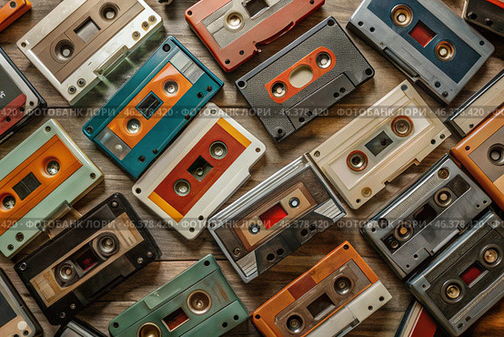 Old audio cassettes with retro music. View from above. Music media from previous years. Стоковое AI-изображение, AI-художник Photojuli / Фотобанк Лори
