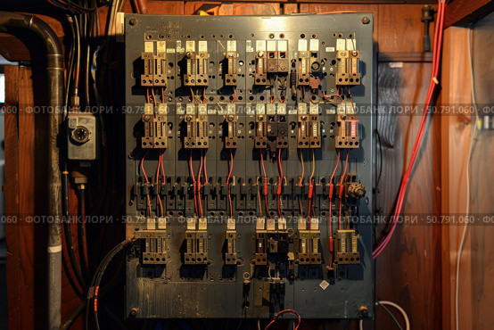 Old electrical panel showing numerous wires and circuit breakers. Стоковое AI-изображение, AI-художник Иван Рябоконь / Фотобанк Лори