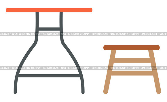 Old furniture, garage sale and second hand goods selling vector. Table and stool, cheap price shopping, declutter and reselling, wooden interior items. Garage Sale, Second Hand Old Furniture Selling. Стоковая иллюстрация, агентство Ingram Publishing / Фотобанк Лори