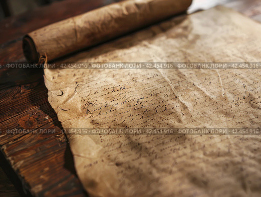 Old parchment paper with illegible writing on it,    Generative AI. Стоковое AI-изображение, AI-художник Анна Кривицкая / Фотобанк Лори