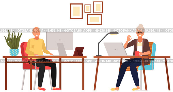 Old people play video game. Modern senior people gadgets. Oldster education computer. Old progressive use modern technology. Learning to use PC. Elderly couple gadgets. Aging parents video conference. Old people play video game. Senior people with different gadgets. Oldster education on computer. Стоковая иллюстрация, агентство Ingram Publishing / Фотобанк Лори