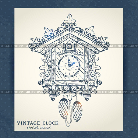 Old vintage retro sketch cuckoo clock paper postcard vector illustration. Стоковая иллюстрация, агентство Ingram Publishing / Фотобанк Лори