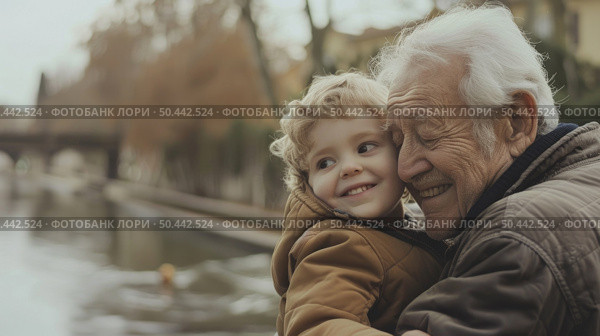 Older man and young girl warmly hug each other, displaying heartwarming bond between generations. Стоковое AI-изображение, AI-художник Данила Большаков / Фотобанк Лори