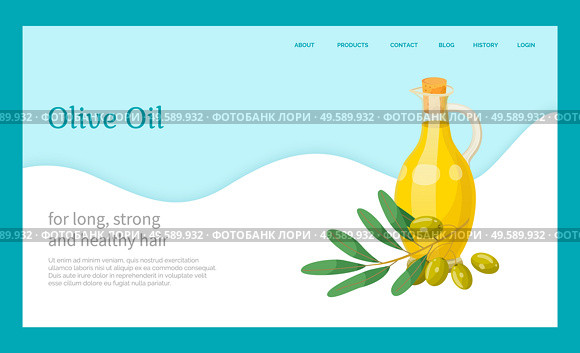 Olive oil, hair natural cosmetics, bottle and branch plant essence, vector banner. Organic skincare product, shampoo or hair mask ingredient. Oily substance for strong and silky hairs illustration. Hair Olive Oil, Natural Cosmetics, Organic Essence. Стоковая иллюстрация, агентство Ingram Publishing / Фотобанк Лори