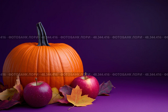 ?omposition with pumpkin, apples and colorful fall leaves on purple background, seasonal still life for Thanksgiving, Halloween, harvest celebration, seasonal sale or autumn greeting card design. Стоковое AI-изображение, AI-художник Евгений Демидюк / Фотобанк Лори