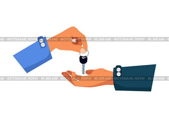 One hand giving key to another. Process of buying renting selling in cartoon style flat design. Vector illustration of two isolated arms with key. Agreement between two people about sales purchase.. One Hand Giving Key to Another. Process of Buying. Стоковая иллюстрация, агентство Ingram Publishing / Фотобанк Лори