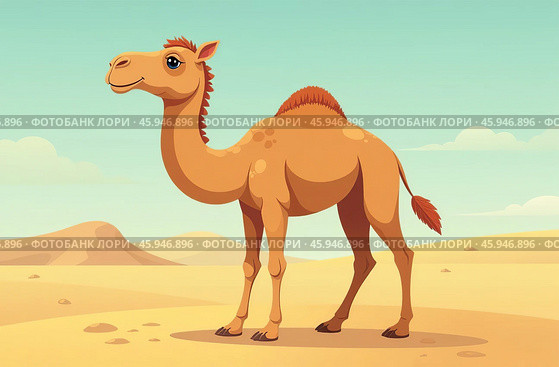 One-humped camel stands on desert sand. Arid Terrain. AI Generative. Стоковое AI-изображение, AI-художник Spirit River / Фотобанк Лори