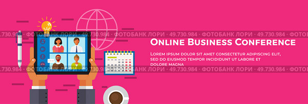 Online business conference landing page template, businessmen confer when meeting, online joint appointment, remote communication, team thinking and brainstorming, company information analytics. Online business conference landing page, businessmen confer when meeting, online joint appointment. Стоковая иллюстрация, агентство Ingram Publishing / Фотобанк Лори