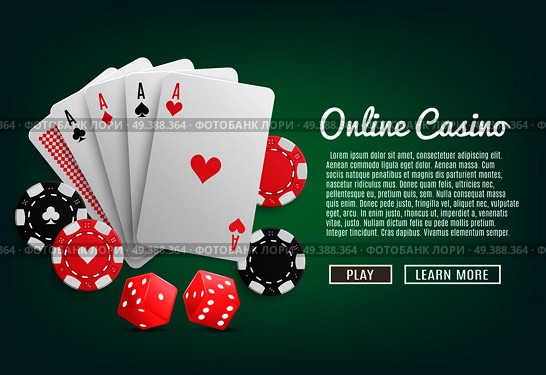 Online casino realistic web page design with cards poker chips dices play and learn more buttons vector illustration . Online Casino  Realistic . Стоковая иллюстрация, агентство Ingram Publishing / Фотобанк Лори