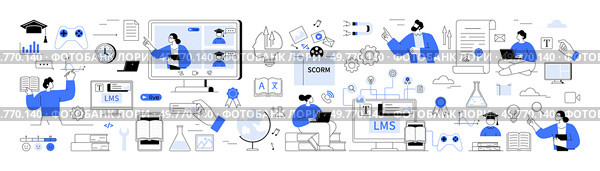 Online courses, virtual classroom, e-learning platforms. Online education people using computers, tablets educational tools. Online classes, e-learning platforms, remote education, digital classrooms. Online Learning and Education Concept with Technology and Student Interaction. Стоковая иллюстрация, агентство Ingram Publishing / Фотобанк Лори