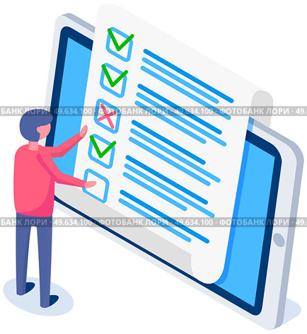 Online form survey on tablet screen. Man checks blank. Guy thinking about answers. Mail character looks at quiz exam paper document. Businessman is checking correctness of questionnaire form. Man is checking correctness of questionnaire. Online form survey on tablet screen. Guy checks blank. Стоковая иллюстрация, агентство Ingram Publishing / Фотобанк Лори