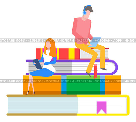 Online library, students reading through tablet, knowledge and books pile with bookmarks vector. Literature or textbooks, encyclopedias stack. Internet portal, web education site illustration. Students Reading Through Tablet, Online Library. Стоковая иллюстрация, агентство Ingram Publishing / Фотобанк Лори