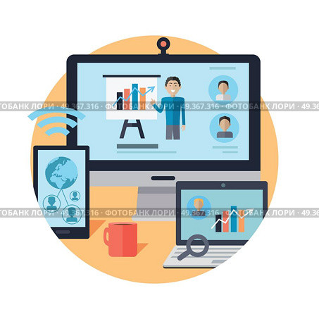 Online Seminar. Distance Work. Webinar. Vector. Online seminar. Distance work. Communication by means of computer technologies. Internet abilities. Motivational webinar. Part of series of developing successful leadership in team working. Vector. Стоковая иллюстрация, агентство Ingram Publishing / Фотобанк Лори